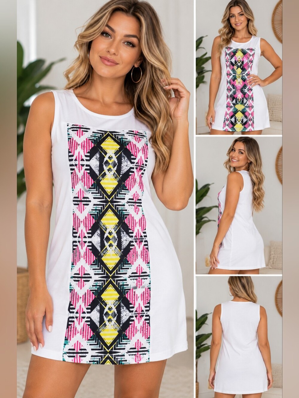 Pinkalicious White Sleeveless Dress with Geometric Print